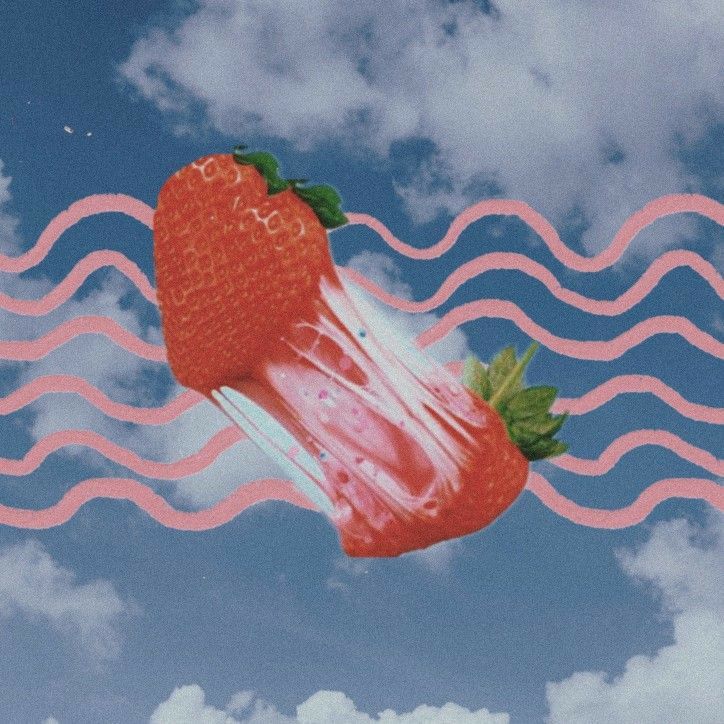 Frutillas enlazadas sobre un cielo azul con líneas ondulantes rosadas